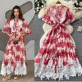 Korean style printed sweet & cute dress - women's summer short sleeve a-line dress with lace trim and tie detail - perfect for work or casual wear