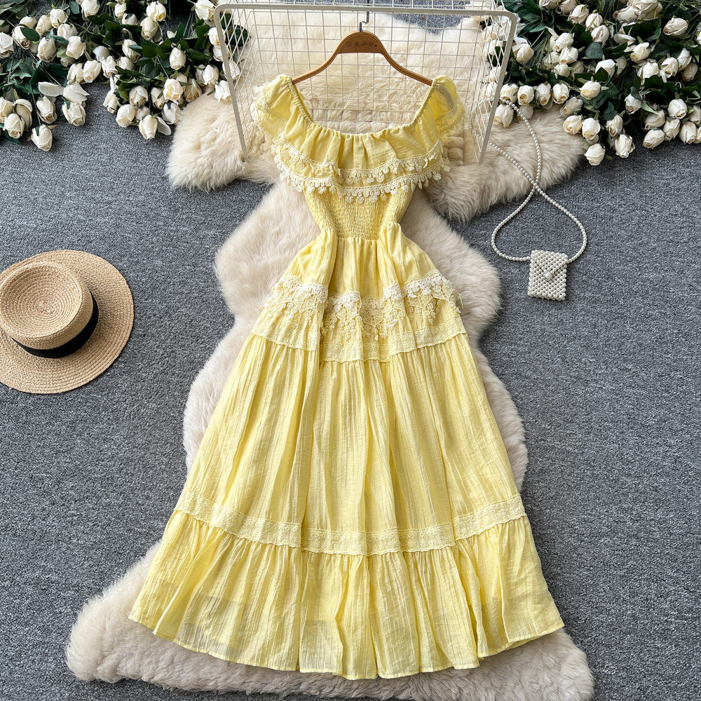 French romantic yellow dress - women's summer sleeveless lace trim off-the-shoulder a-line dress with cinched waist