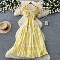 French romantic yellow dress - women's summer sleeveless lace trim off-the-shoulder a-line dress with cinched waist