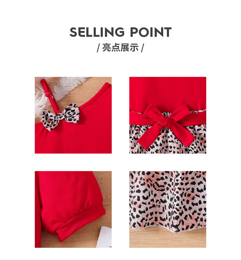 Exportgirldress red oblique shoulder suspender skirt topsleopard print skirt bows belt kids skirt