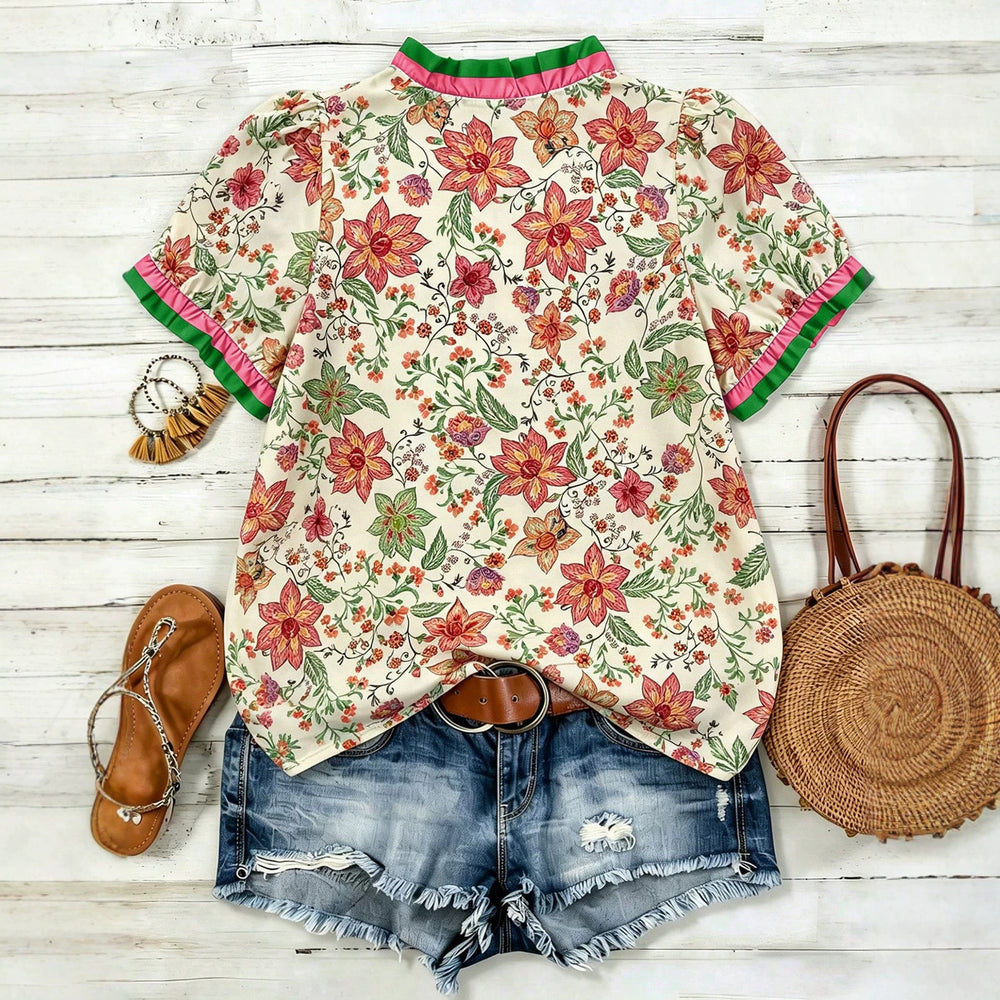 fashion  summer new arrivalcontrast color fungus v neckfloralsprintingtopscasual short sleeve shirt