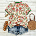 fashion  summer new arrivalcontrast color fungus v neckfloralsprintingtopscasual short sleeve shirt