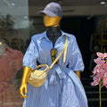 European and american cross-border women's fashion:  summer new arrival - elegant and stylish striped blue shirt dress with lapel and tie