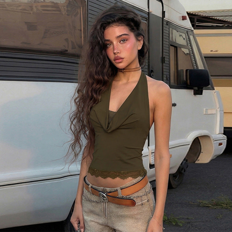 exportlacepatchwork swing neck halter vest women's sexy hot girl outwear silm tie back tops women