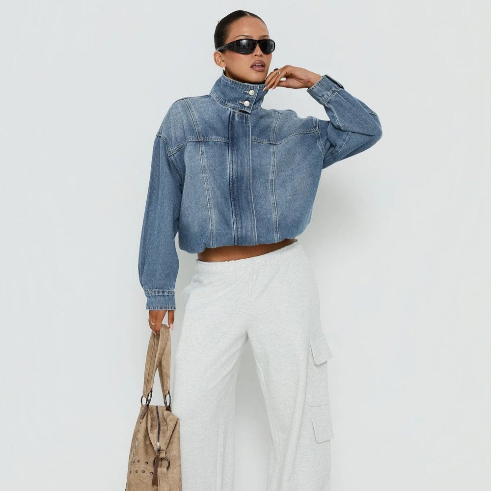 fashion style  spring autumretro washed stand collar casual denim jacketoutwearshortlong sleeves