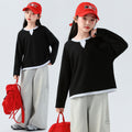 fake two-piece layered sweatshirtgirl waffle gridsv necklong sleeves t-shirt spring autumgirls fitted bottom shirt