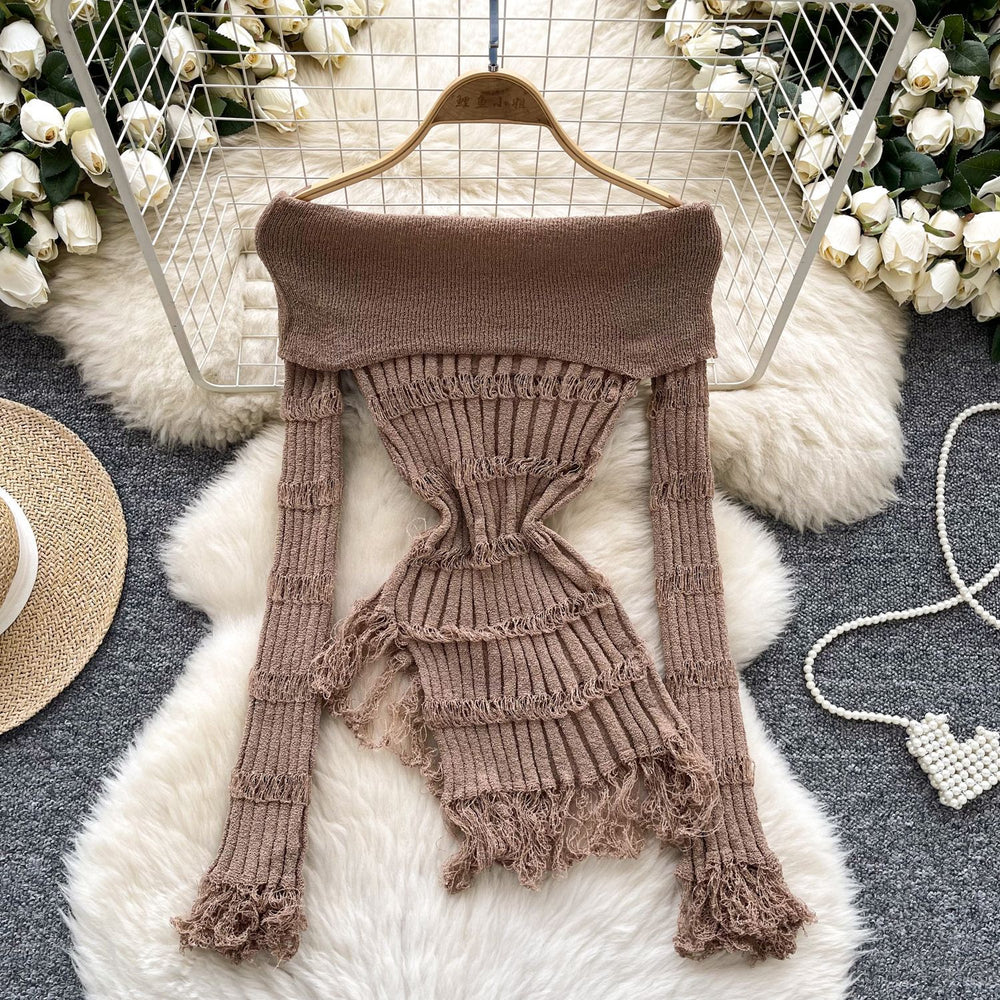 Goddess stylesense of design one-shoulder lapel long sleevescut outknitting shirt women's asymmetricalsilm chictops