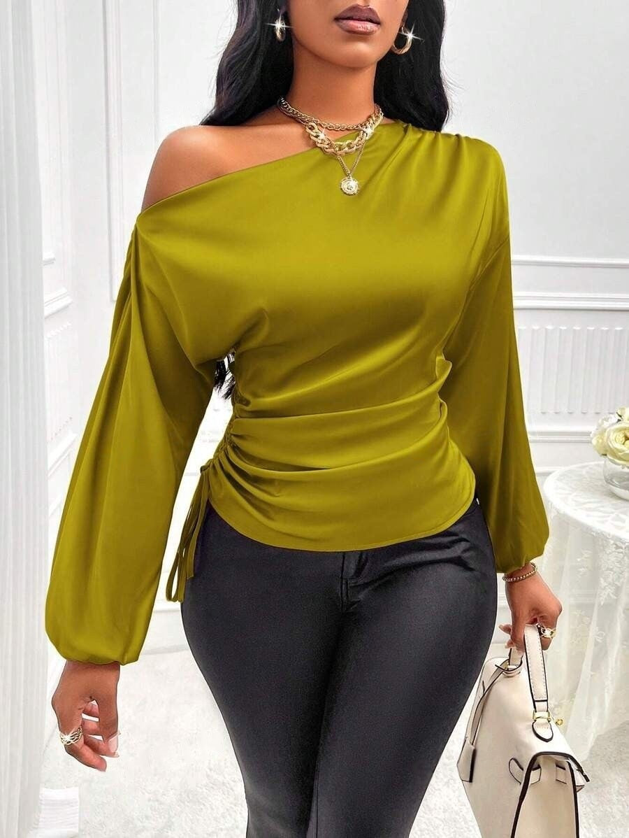 Amazon cross-border fashion new women's satin blouse - spring/summer asymmetrical long sleeve slant neck shirt top