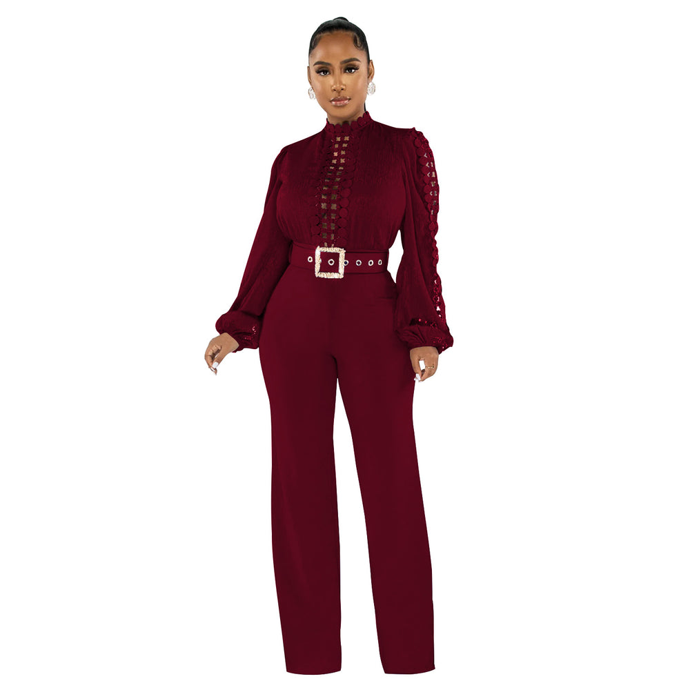 X6345   fashion women's belted lace hollow-out solid color long sleeve jumpsuit