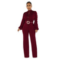 X6345   fashion women's belted lace hollow-out solid color long sleeve jumpsuit