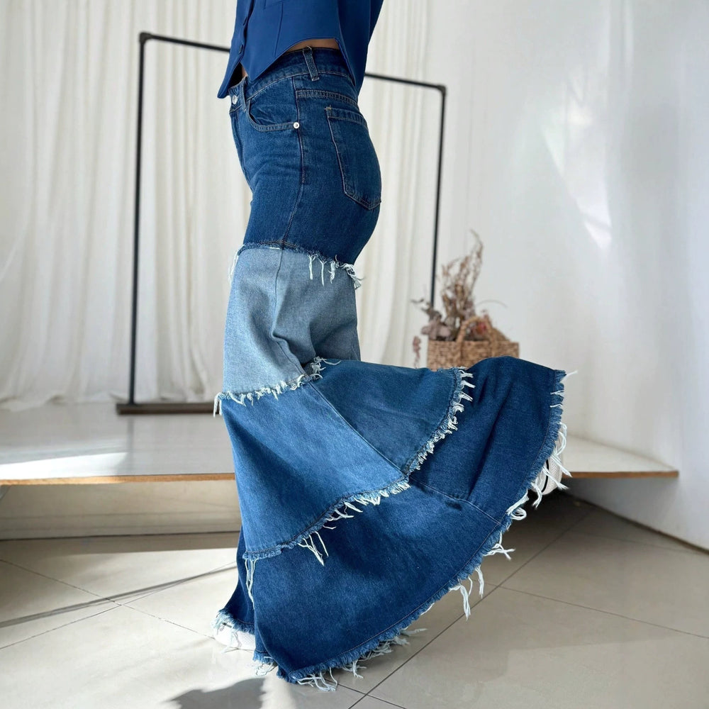 Fashionjeans women's high waistcontrast color raw edge patchworkloose pants elastic washed color matching large horn moppants