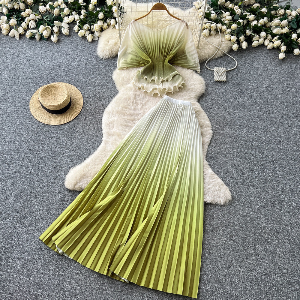 Dopamine dress gradient color pleated silmsuit women's summer waist slimming lookcardigan pleated skirt two-piece set work clothing