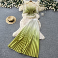 Dopamine dress gradient color pleated silmsuit women's summer waist slimming lookcardigan pleated skirt two-piece set work clothing