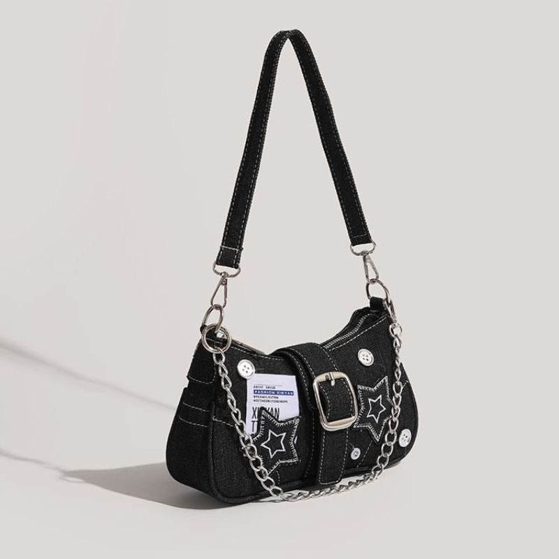 Star denim women's armpit bag new fashion trend niche crescent bag canvas handbag chain shoulder bag