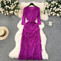 Classy sense of dress classyaccessible luxuryniche style tassel long skirt elegantv neck silm heavy industry pleated early spring dress