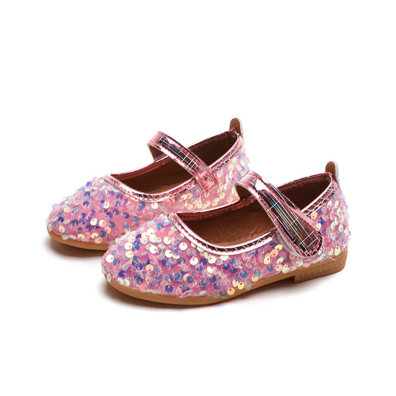 Girls'  spring new collection: sparkling soft-soled princess leather shoes for mid-to-large children - wholesale direct from the manufacturer, featuring hook-and-loop fasteners