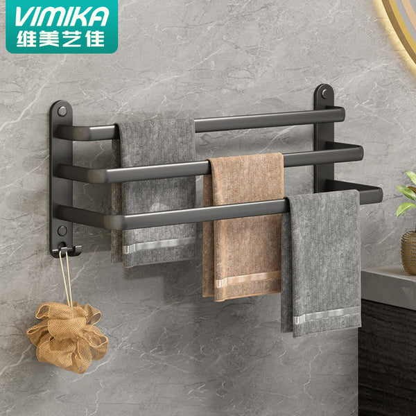 Space aluminum non-punching towel rack towel bar single bar toilet multi-layer bath towel hanging rod bathroom hanger rack