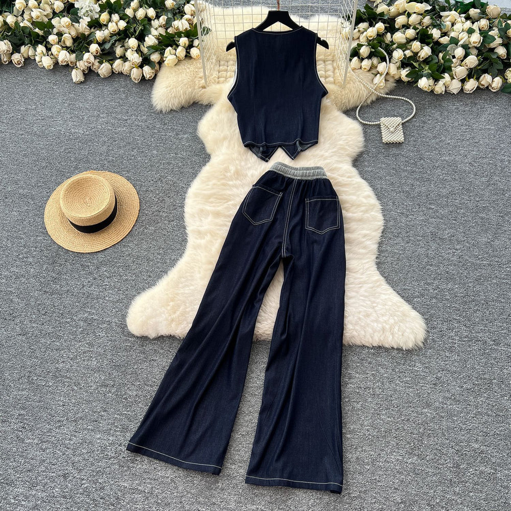 Lightly mature wear women's work clothingfashionv neck sleeveless topstitch flap pocket pants denim topshigh waistdrapedloose pantssuit