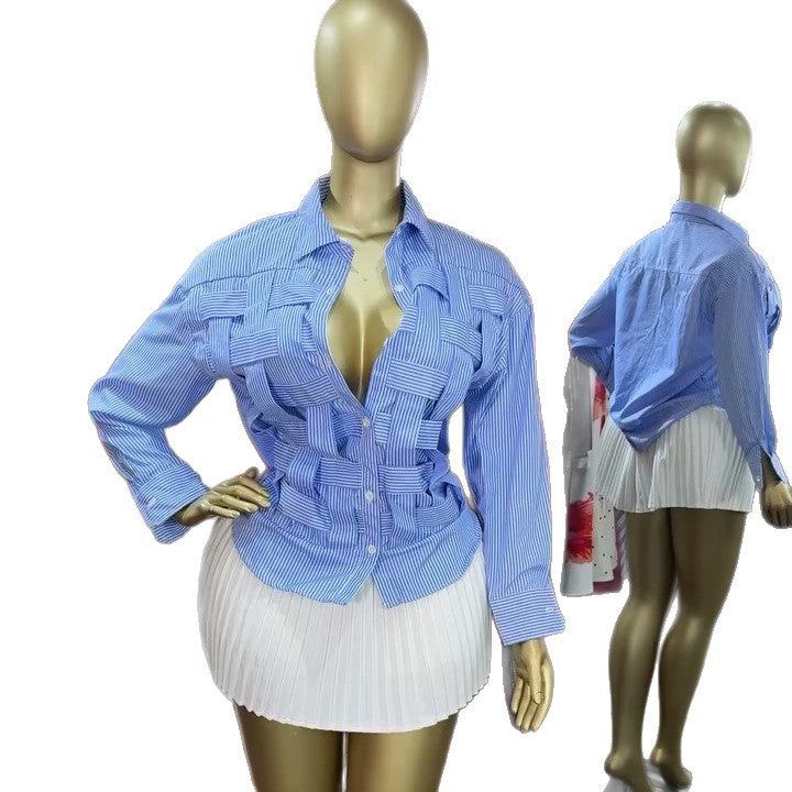 European and american cross-border women's fashion:  summer new arrival - elegant, designer, niche woven turn-down collar striped blouse top