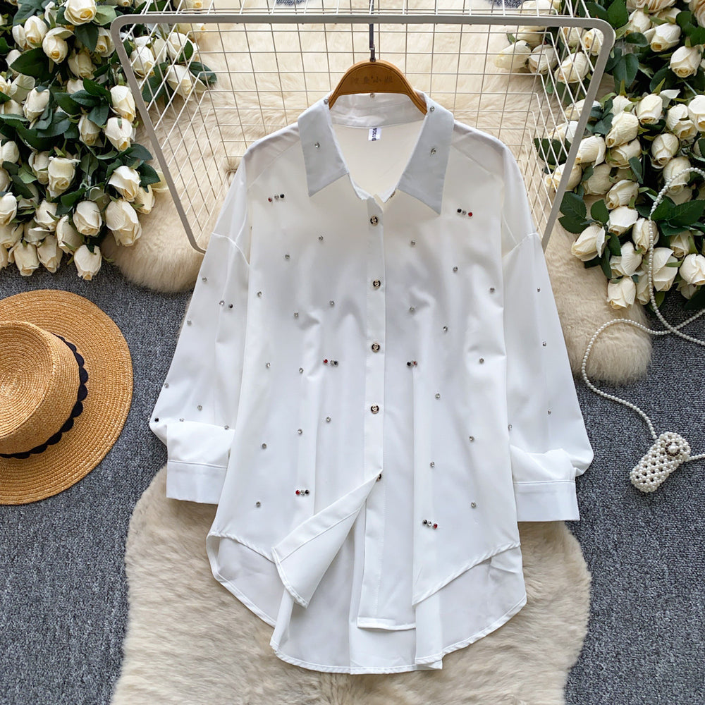 K-stylework clothing style lapel casual beaded shirt women's easiest for matchlong sleeveslooseslimming lookeasiest for matchsense of designtops