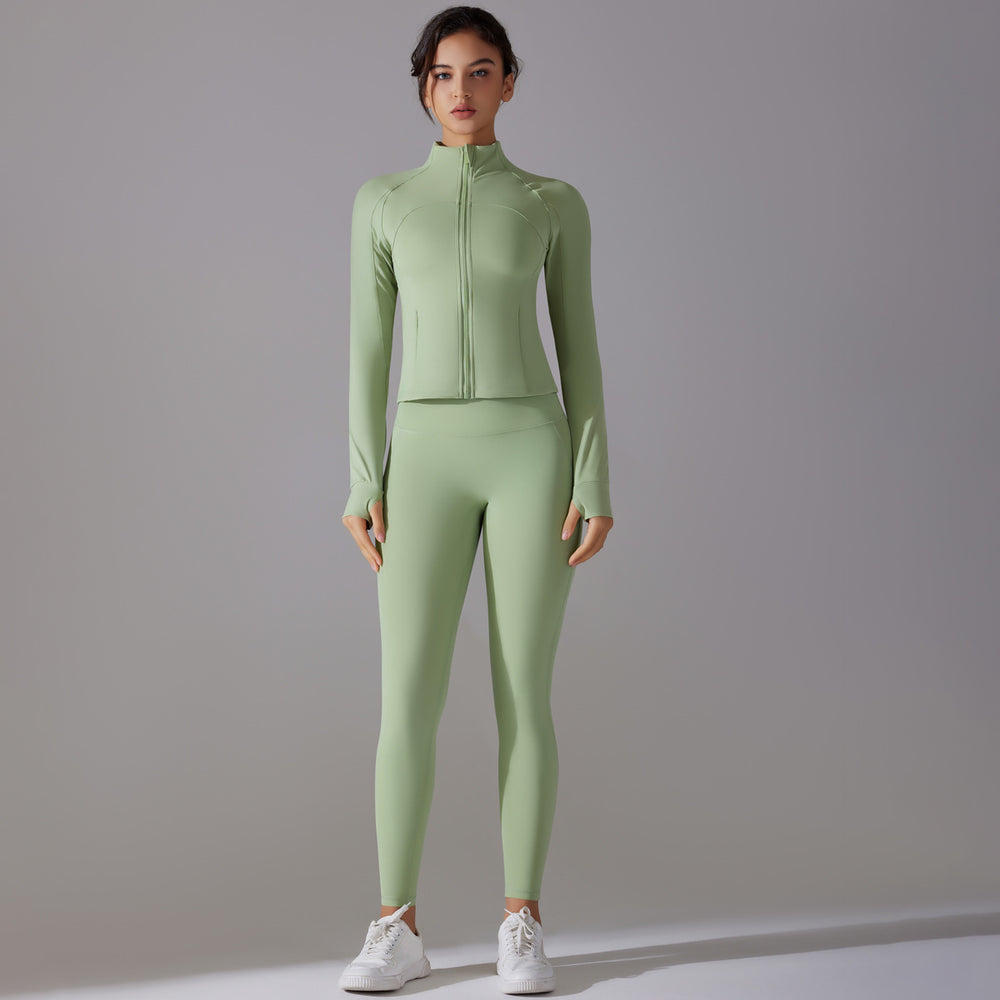 Amazon's new stand-up collar zipper long sleeves yoga clothes high waist hip lifting tight pants naked running fitness suit