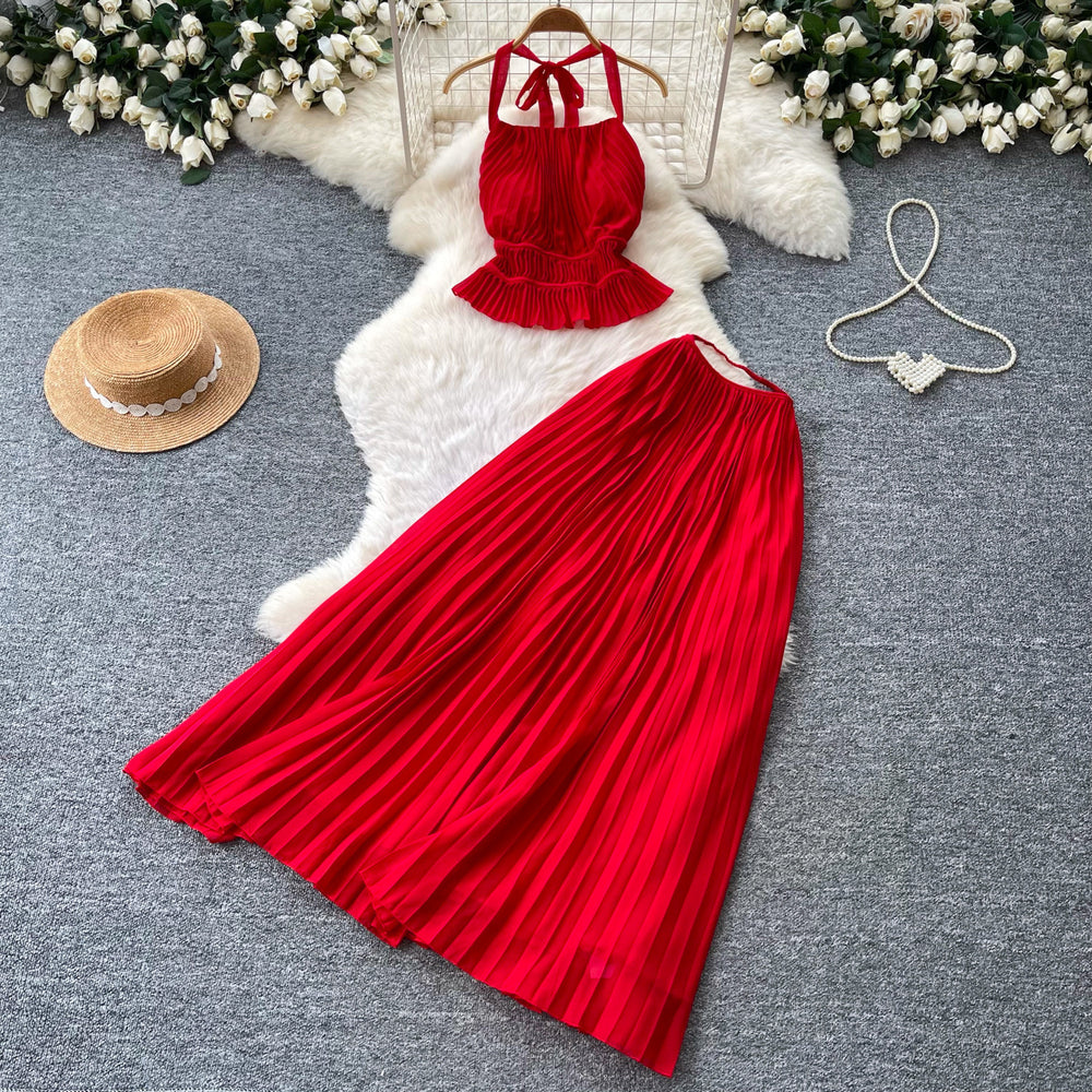 French riviera style halter top & backless two-piece set - women's summer high-waisted pleated skirt slimming chic fashion outfit