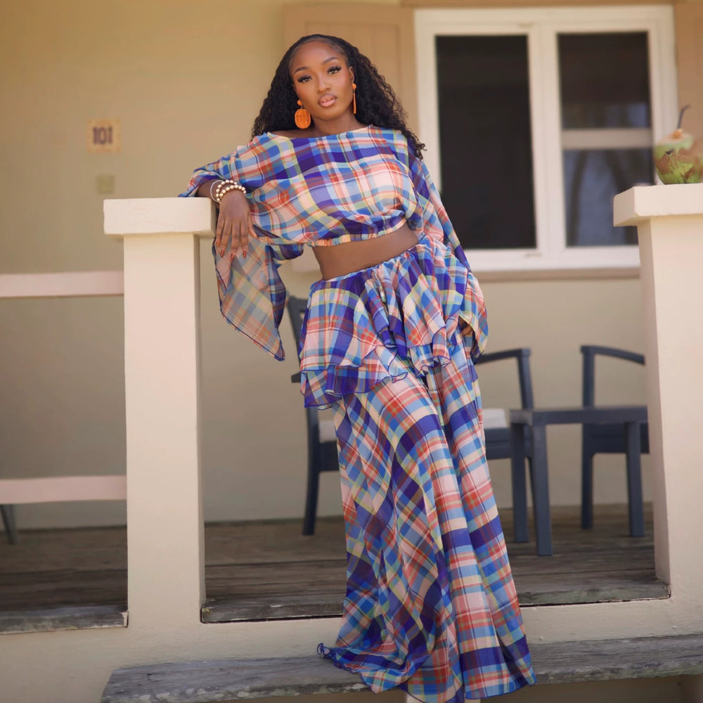 European and american cross-border women's clothing  summer new fashion retro print plaid shirt ruffle hem skirt set