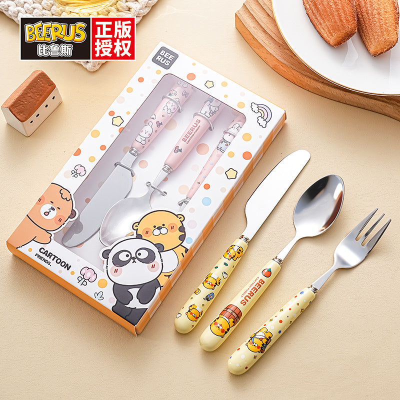 Color boxed portable spoon, cute fork for elementary school students, 304 stainless steel cutlery three-piece set, diy combinable, ready stock