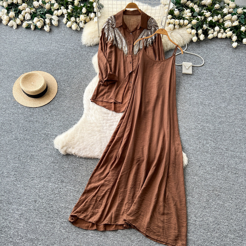 French lazy style heavy industry embroidered beaded lapel shirt suspender dress for women 2026autumtwo-piece setelegantslimming look
