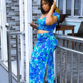 European and american style women's skirt suit -  foreign trade women's fashion casual printed top and high-waisted slit skirt two-piece set