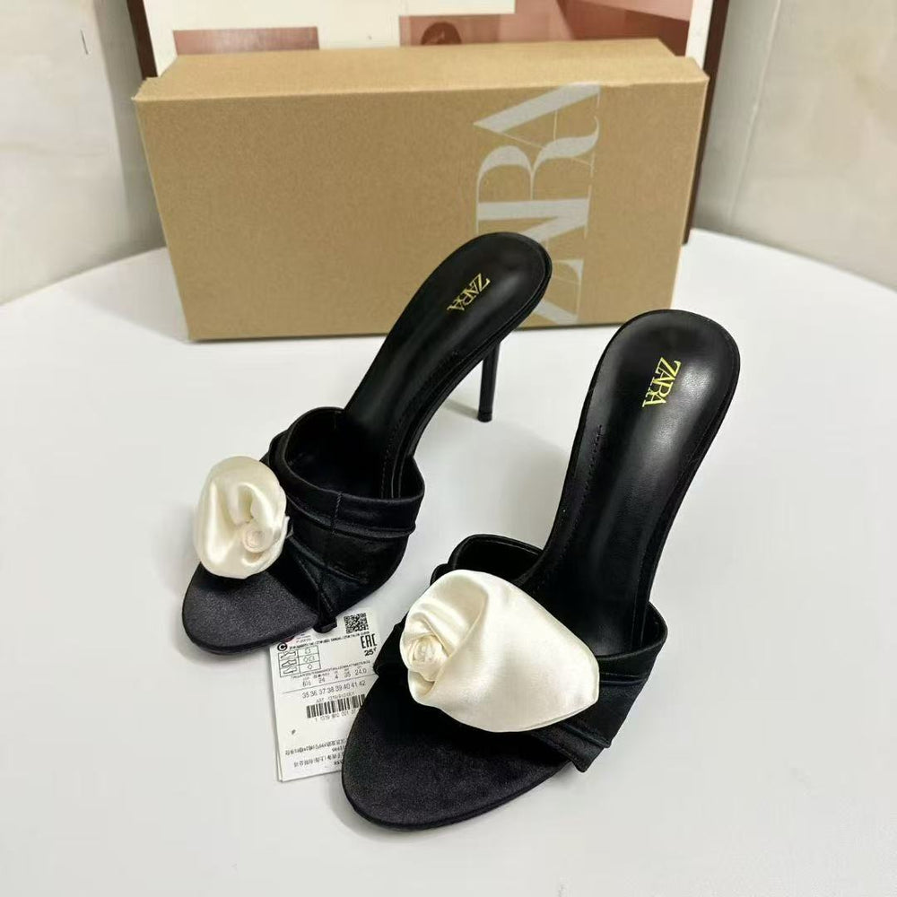 Za french floral fashionable elegant outdoor slippers for women, 2025 summer new collection, versatile stiletto heel, square toe, open toe, single strap