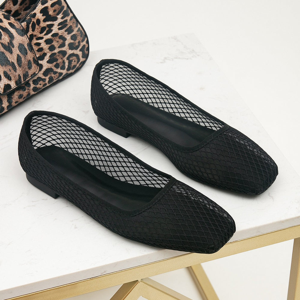 Women's breathable black mesh square toe flats - lightweight low heel casual shoes - comfortable footwear wholesale