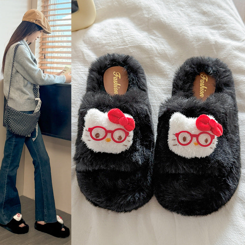 Women's fuzzy slippers - new autumn/winter collection: thick-soled, cute cartoon eyeglass kt cotton slippers, women's flip-flops