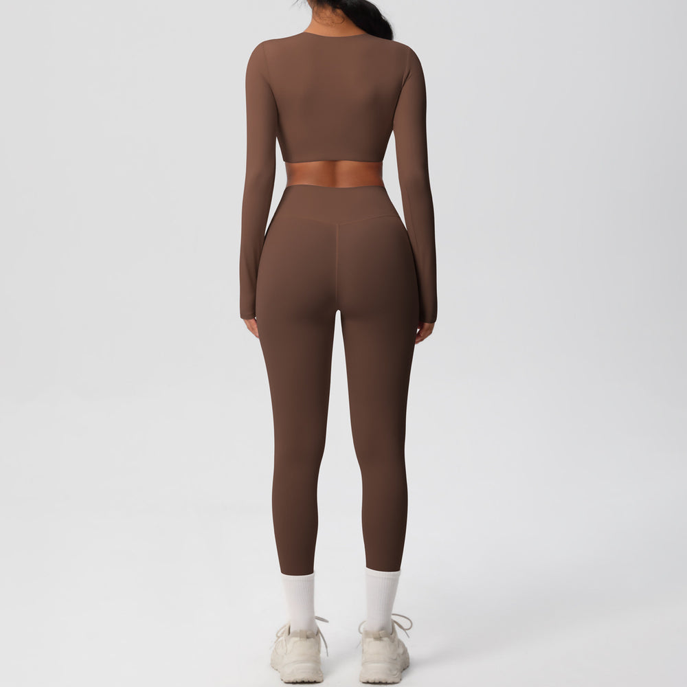 Ready-to-ship, solid-color, double-sided nylon brushed fabric, barely-there feel, form-fitting activewear yoga set for running and fitness, two-piece