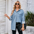Ebay fashion cross-border export women's independent station  new washed raw edge denim long sleeves lapel tops