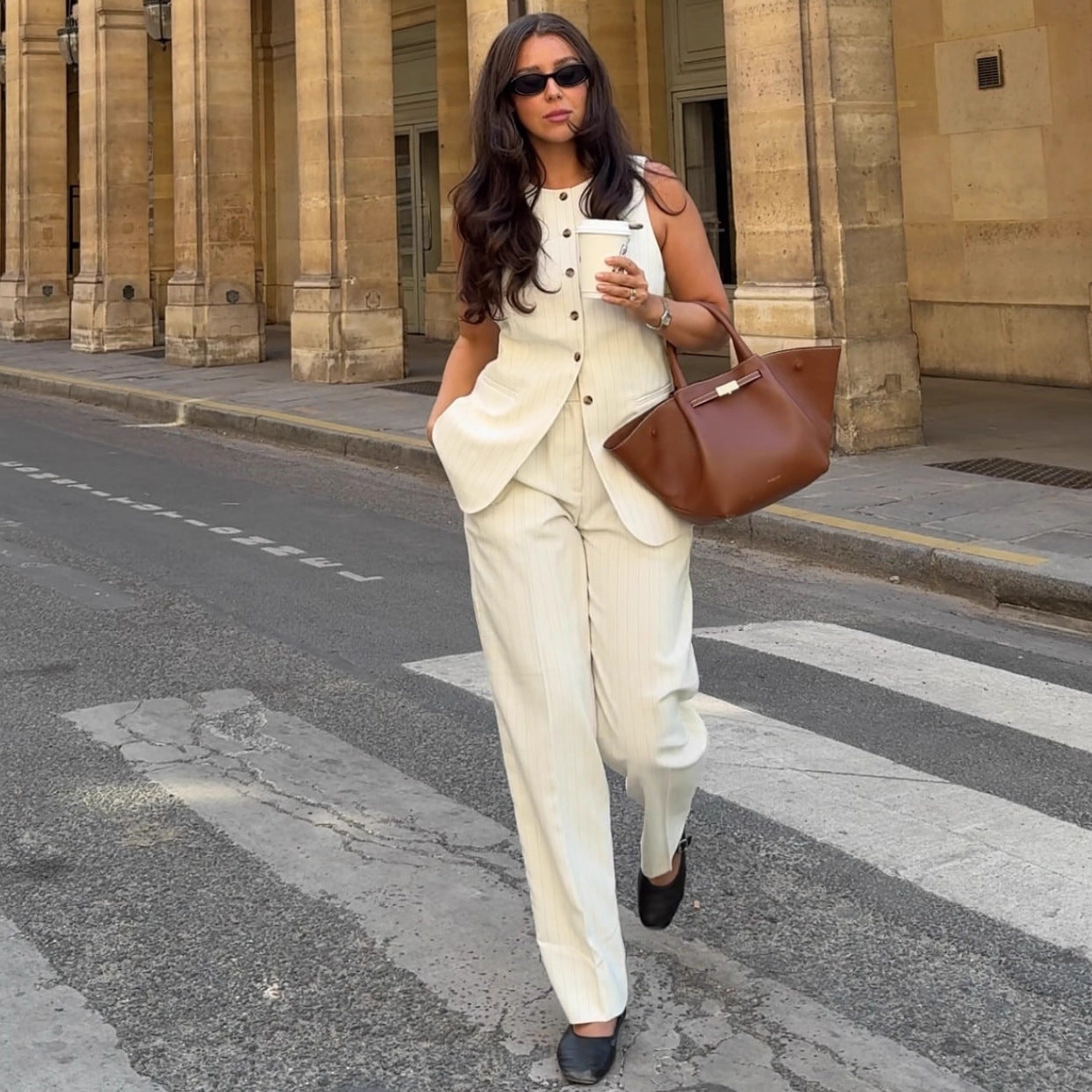 European and American fashion temperament vest suit solid color cardigan vest top trousers   women's clothing two-piece set summer