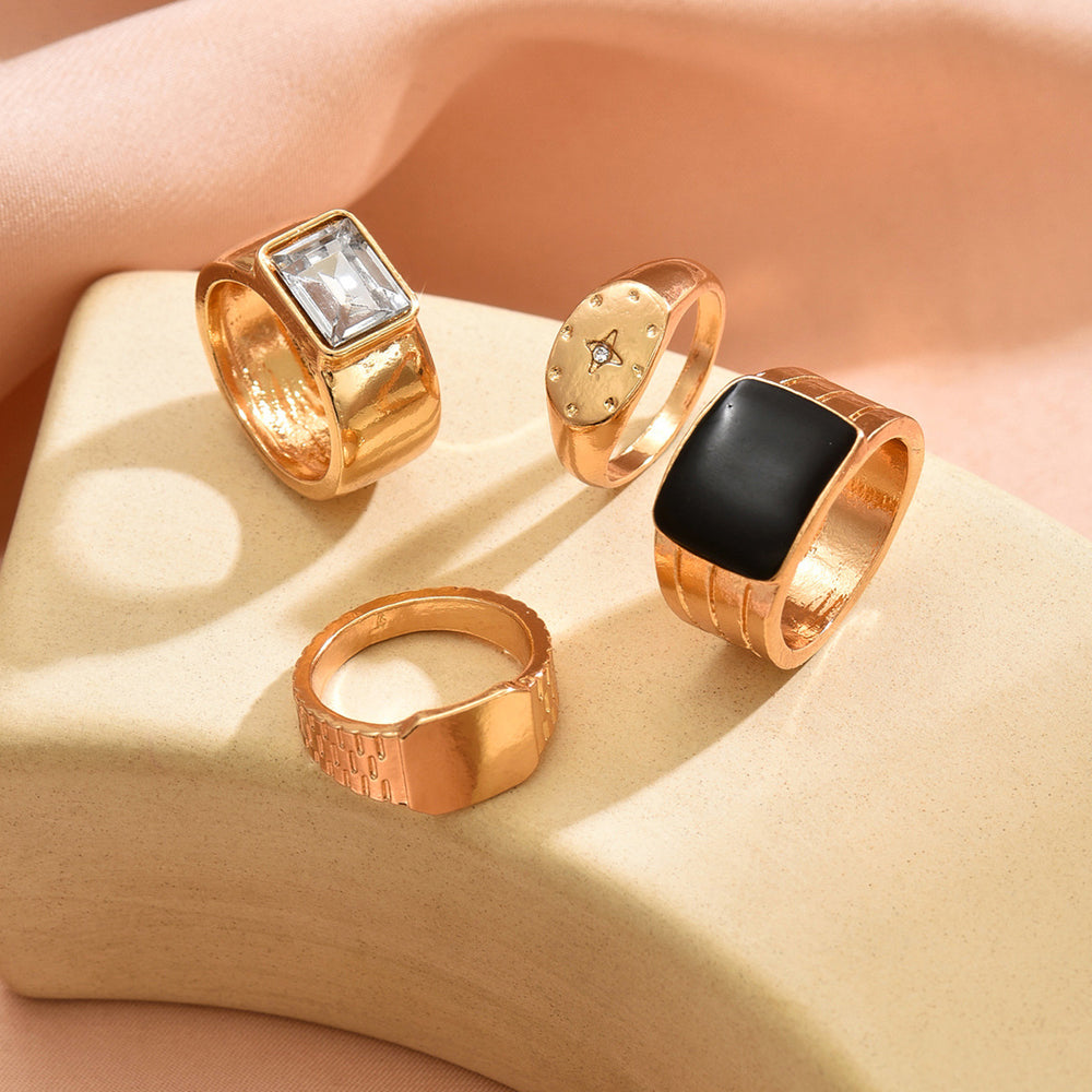 new arrival eight-pointed star diamond ring set for women niche stylecasual diamond-encrusted black oil-drip glossy metal ring