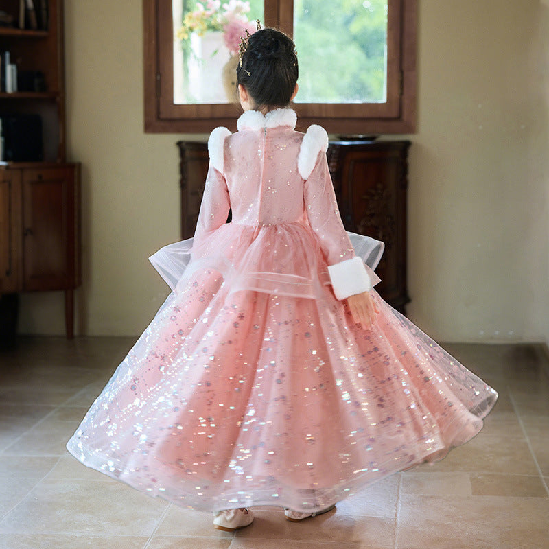 Girls' winter wedding dress, little girl's piano performance outfit, children's formal dress, fleece-lined thickened princess dress