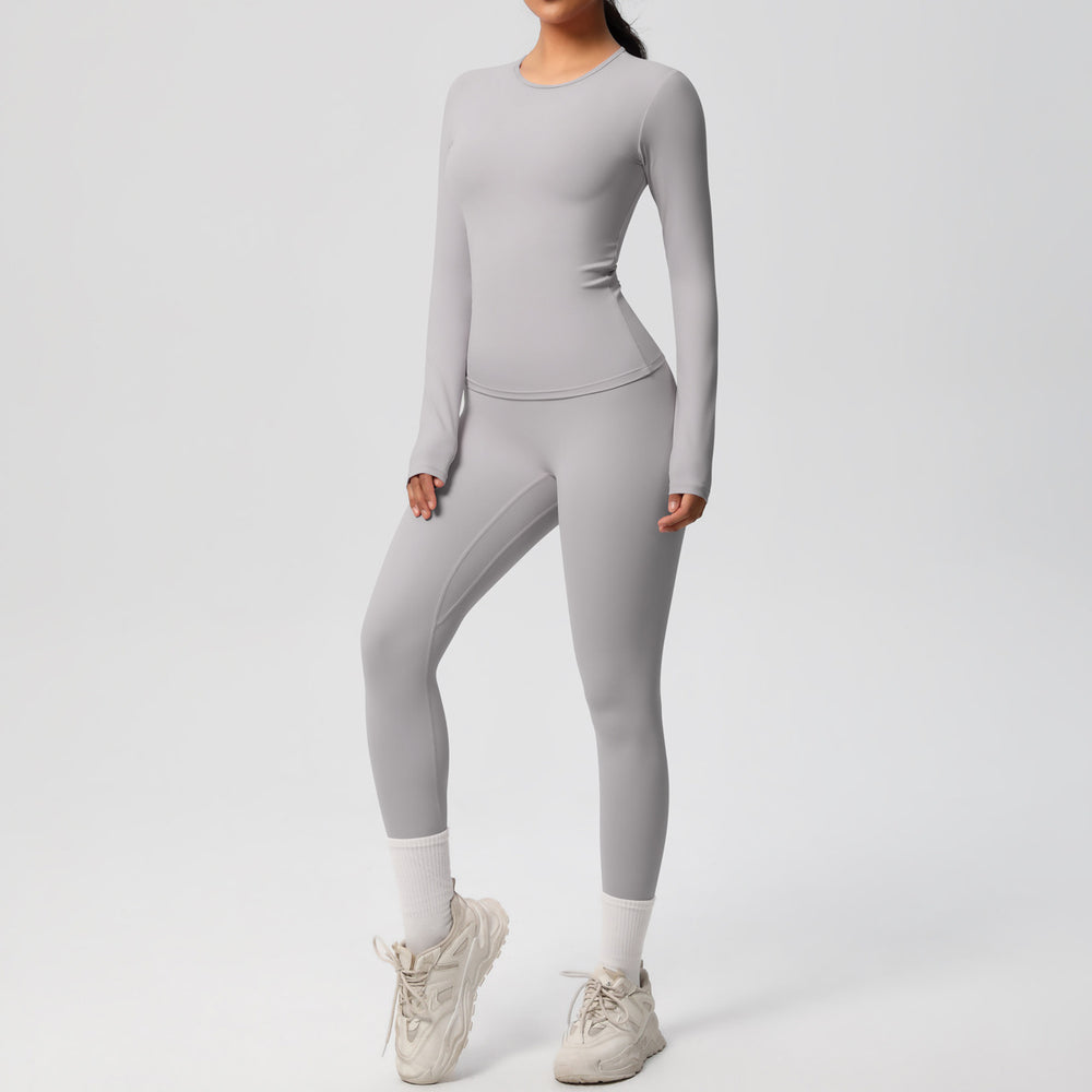 Ready-to-ship cross-border double-sided brushed solid color compression training long sleeve yoga set - activewear running fitness two-piece outfit