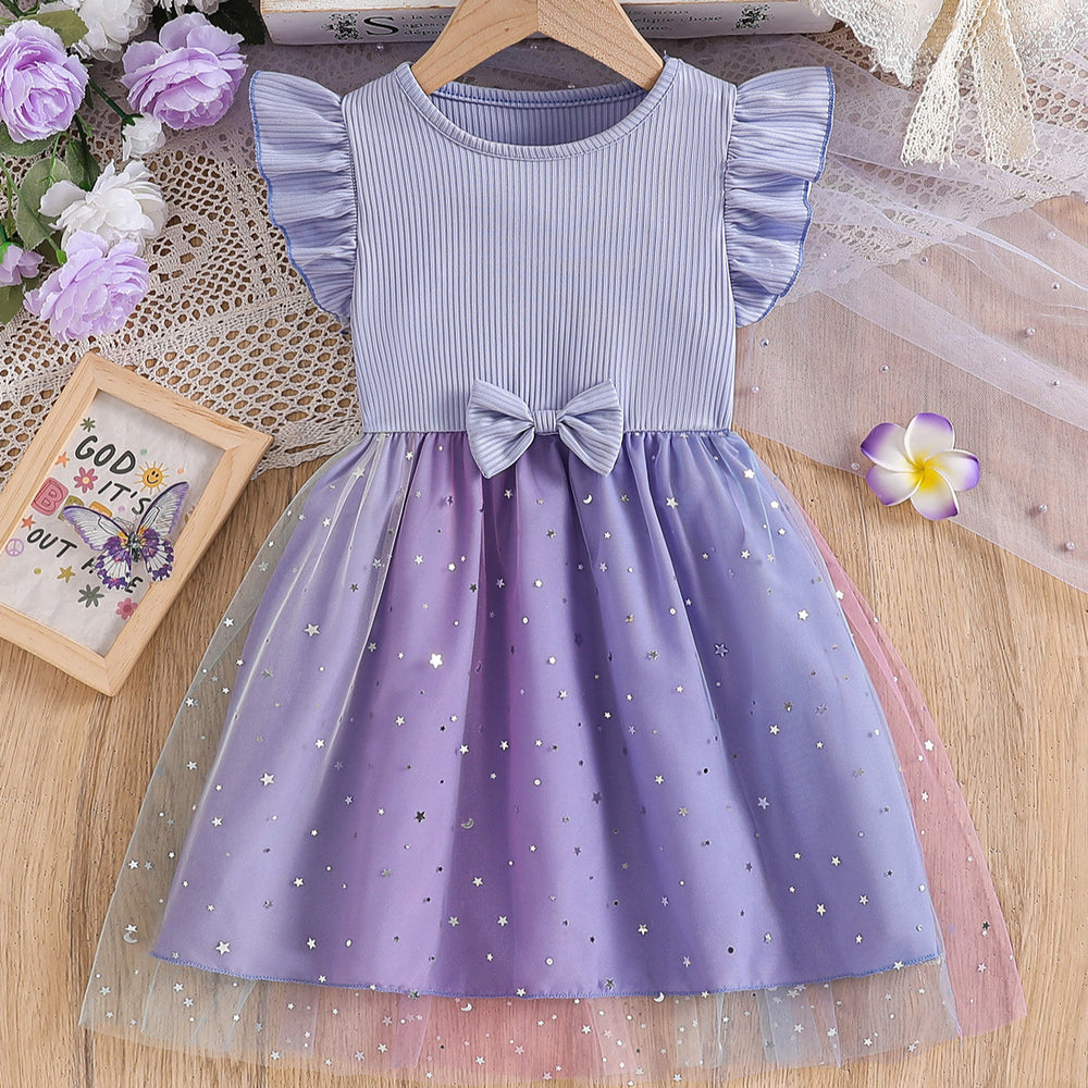 Exportgirl light purple pit strips flying sleeves gradient star mesh skirt summerkidsbows princess dress trendy