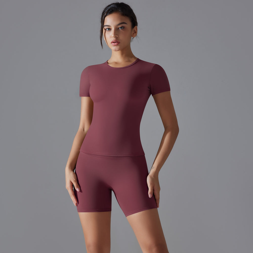 Fashion nude short sleeve t-shirt yoga suit high waist hip lifting tightshorts quick-drying running sports fitness suit