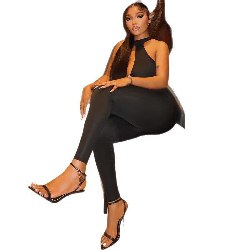 Fashion style cross-border pure colorfashion women's sexycut out jumpsuit tight mid-waist high collar long skinny jeans jumpsuit