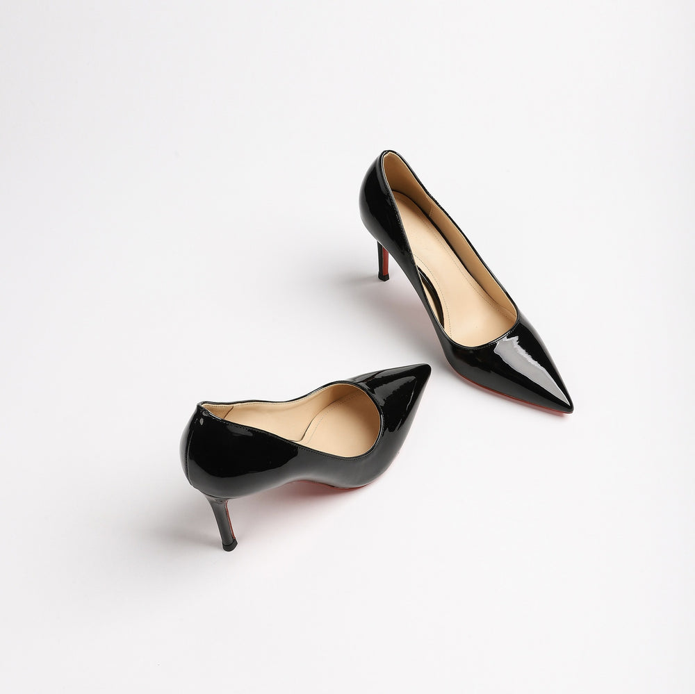 Yx sexy patent leather black red sole shoes - work commute pointed toe stiletto heels - elegant high heels - nude single shoes for women