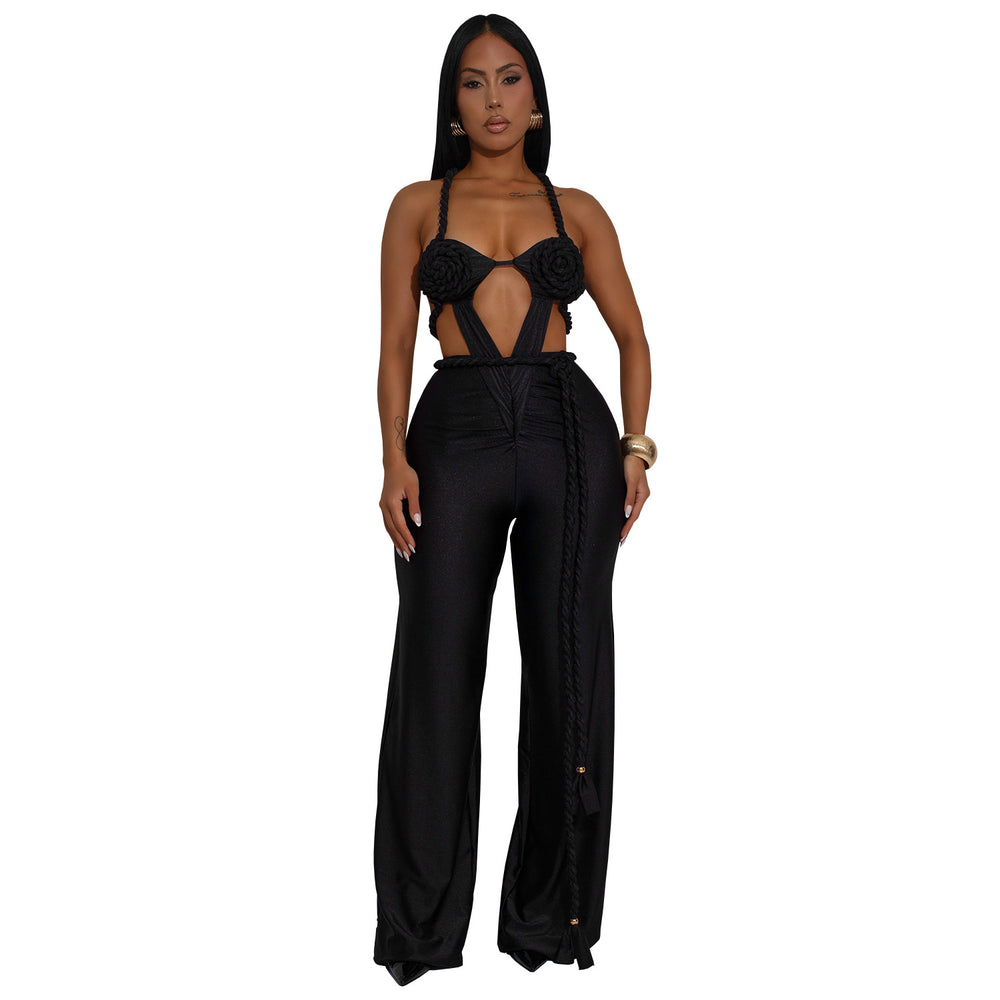 C7557 cross-border   fashion women's solid color sexy bandeau backless tie-up jumpsuit