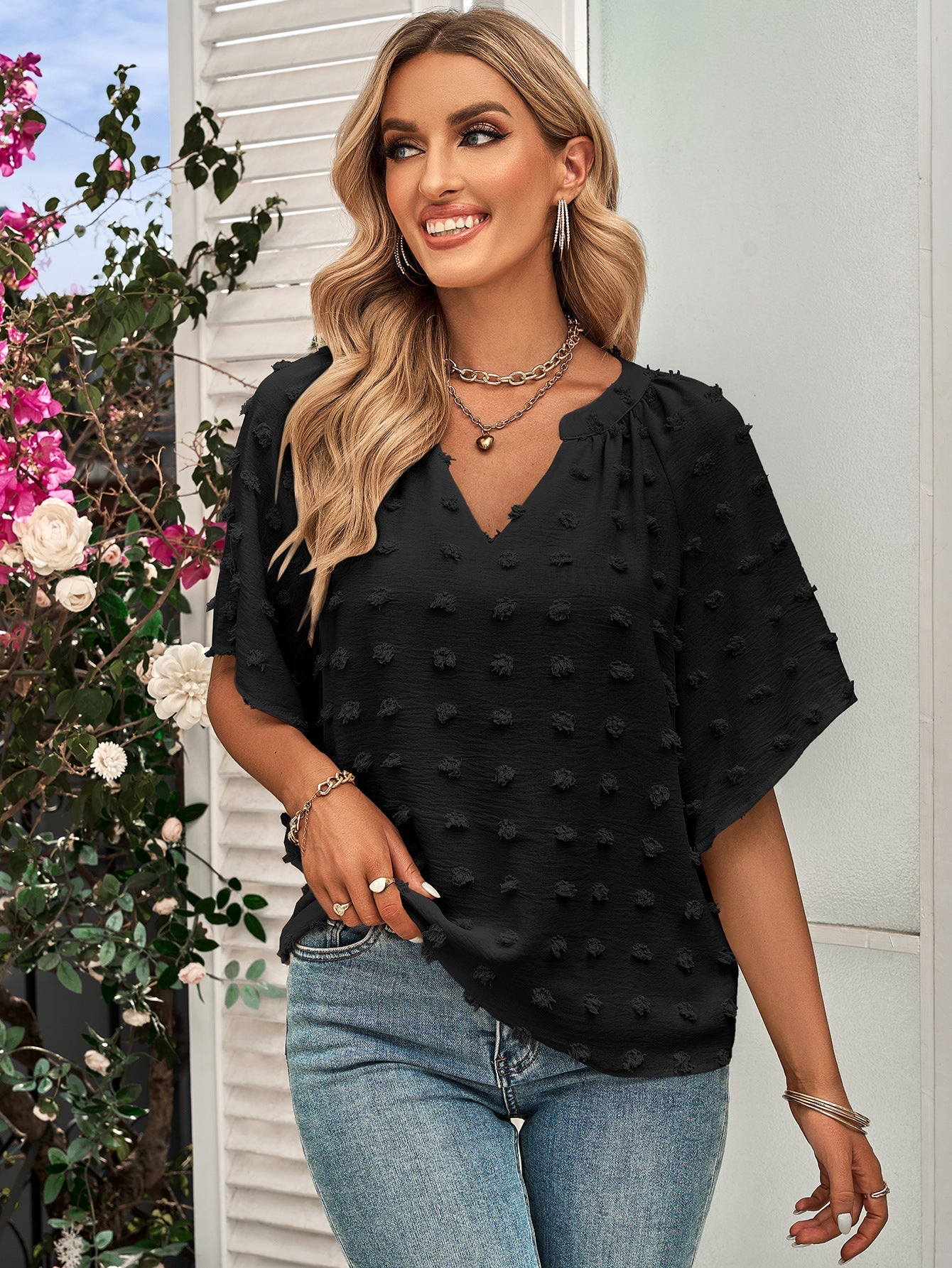 2024 European and American spring and summer new  popular  women's clothing casual style V-neck solid color hairball top women