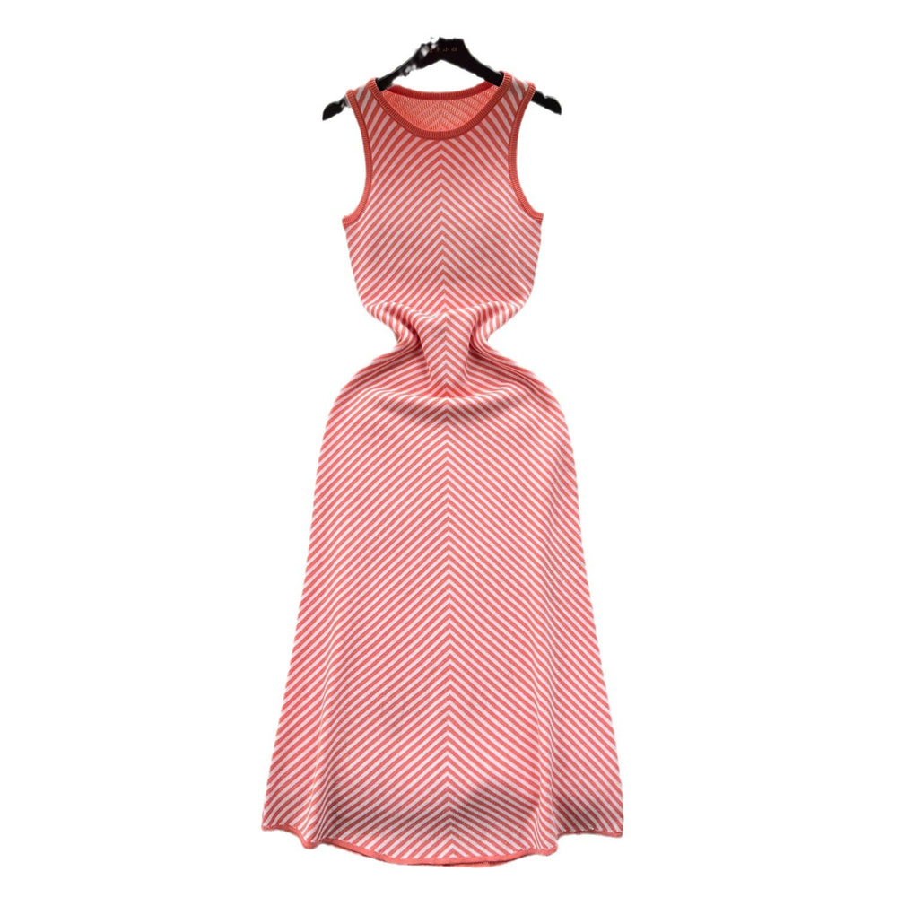 Designer color block striped knit dress - women's 2024 new summer korean style midi sleeveless tank dress