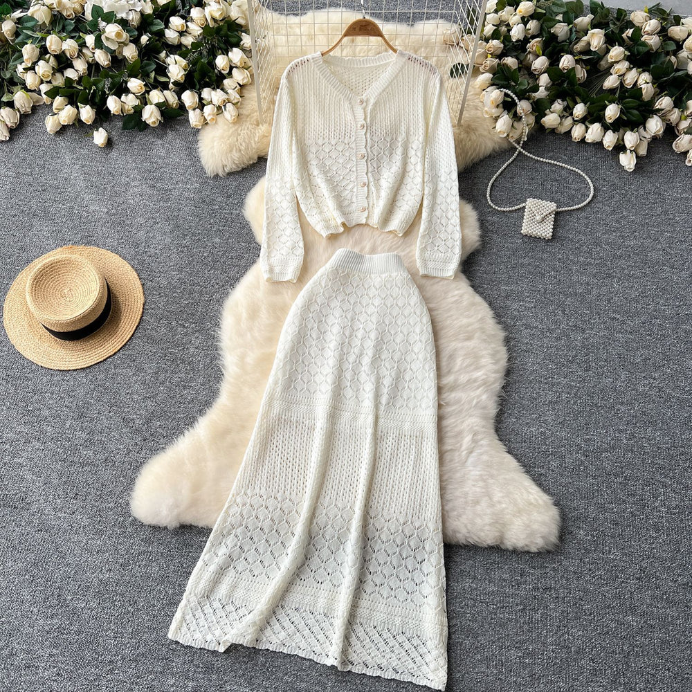 Korean style women's gentle & versatile hollow-out crochet long sleeve knit cardigan top + high-waisted slimming midi skirt