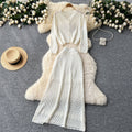 Korean style women's gentle & versatile hollow-out crochet long sleeve knit cardigan top + high-waisted slimming midi skirt