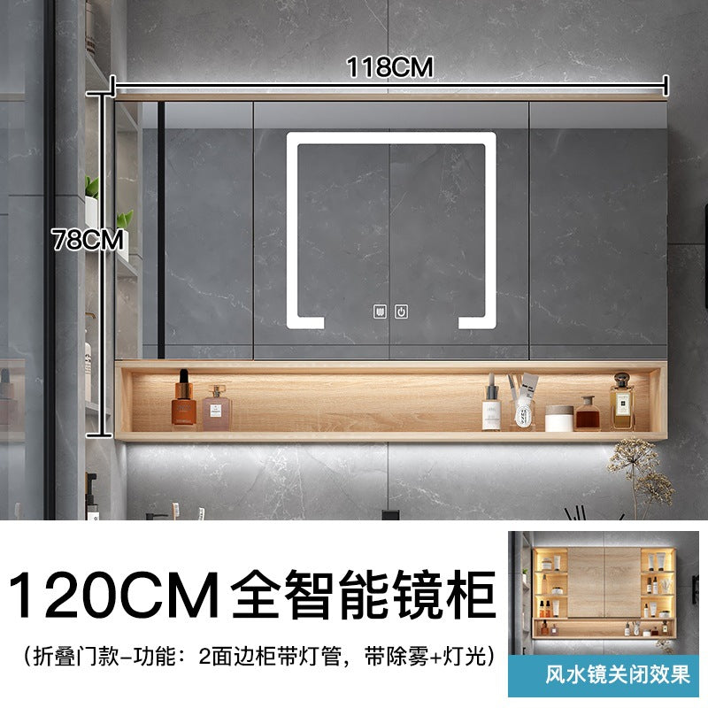 Paint-free solid wood bathroom intelligent hidden folding feng shui mirror cabinet with separate lamp storage rack manufacturer supply