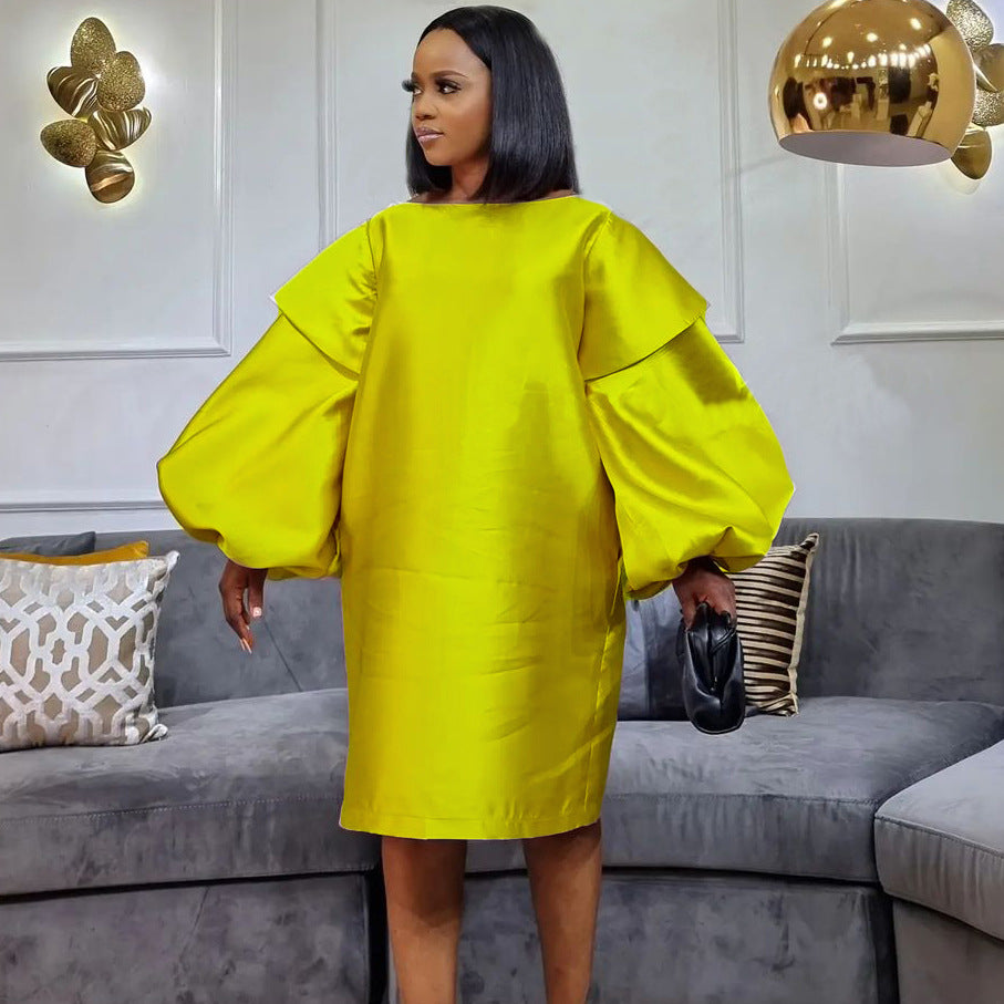 D3075  autumn plus size fashion women's loose puff sleeve european and american african mom dress cross-border dress
